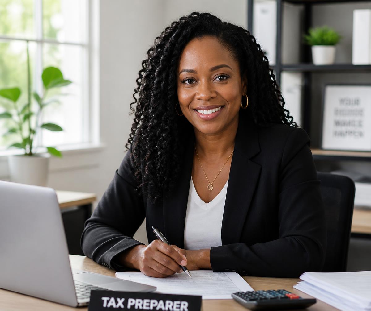 A professional tax preparer reviewing returns at her desk